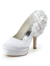 Elegantpark Closed Toe Pumps Double Platforms Side-Flowers Satin Stiletto Heel Wedding & Party Shoes