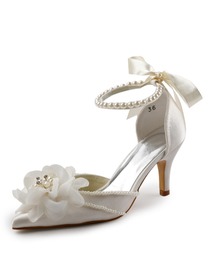 Elegantpark Satin Pointy Toe Stiletto Heel Pearls Flowers Evening&Party Shoes with Ribbon Tie