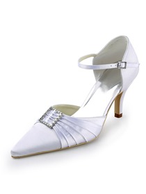 Elegantpark White Pointy Toe Stiletto Heel Satin Rhinestones Wedding Evening Party Shoes