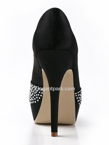 Elegantpark Black Peep Toe Rhinestone Stiletto Heel Platform Satin Evening Party Shoes (EP11123-PF)