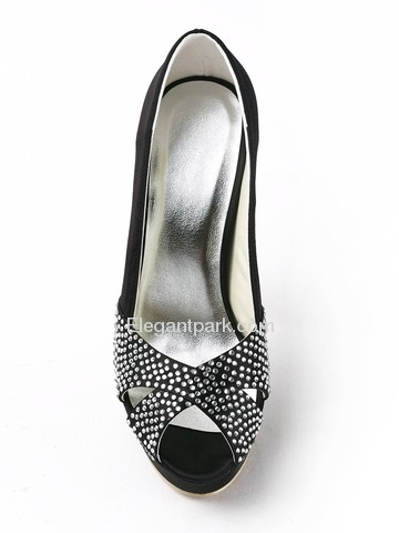 Elegantpark Black Peep Toe Rhinestone Stiletto Heel Platform Satin Evening Party Shoes (EP11123-PF)