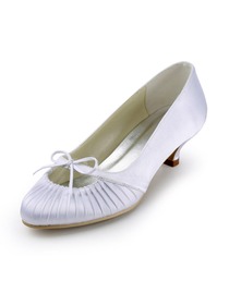 Elegantpark White Round Toe Ruched Bow Low Heel Satin Wedding Party Shoes