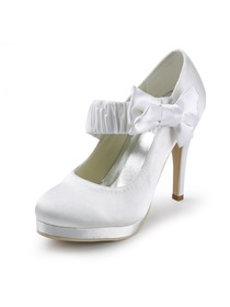 Elegantpark White Round Toe Bow Platform Stiletto Heel Satin Wedding Evening Party Shoes