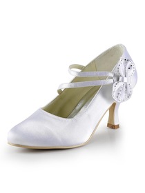 Elegantpark White Round Toe Rhinestone Bow Spool Heel Wedding Bridal & Evening Shoes