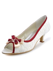 Elegantpark Peep Toe Kitten Heel Bowknot Lace Satin Wedding Bridal Shoes