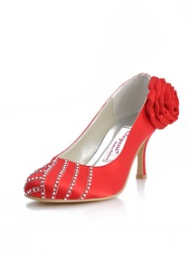 Elegantpark Red Almond Toe Stiletto Heel Satin Rhinestones Flower Wedding Party Shoes