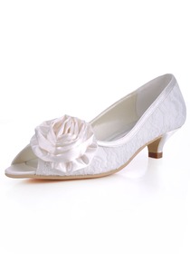 Elegantpark Ivory Peep Toe Satin Flower Spool Heel Lace Wedding Bridal Shoes