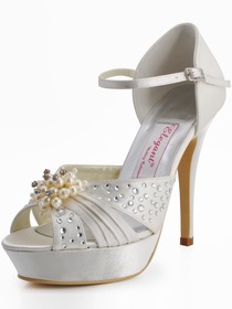 Elegantpark Satin Stiletto Heel Platform Pumps Pearls and Rhinestone Wedding Shoes