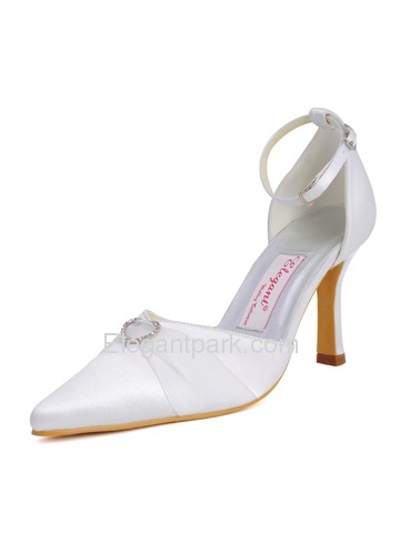 Elegantpark Satin Upper Pointy Toe Stiletto Heel Ribbon Tie Rhinestone Buckle Stylish Wedding Bridal Shoes (A560)