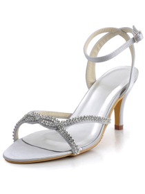 Elegantpark Silver Open Toe Satin Rhinestones Stiletto Heel Slingback Bridal Party Shoes