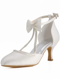 Elegantpark Ivory Almond Toe Buckle Bow Spool Toe Satin Wedding Bridal Prom Shoes