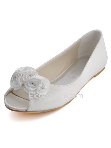 Elegantpark Classic Ivory Peep Toe Flower Satin Wedding Bridal Flats (EP31015)