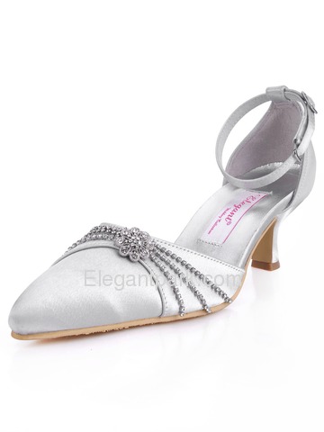 Elegantpark Silver Pointy Toes Rhinestone Kitten Heel Satin Wedding Bridal Shoes (A0627)