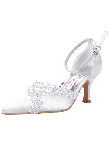 Elegantpark White Pointy Toe Stiletto Heel Satin Appliques Wedding Evening Party Shoes (A1049)