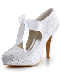 Elegantpark Almond Toe Ribbon Tie Rhinestones Stiletto Heel Satin Wedding Bridal Shoes