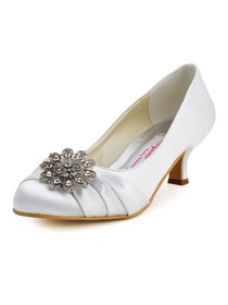 Elegantpark White Almond Toe Chunky Heel Satin Rhinestones Wedding Party Shoes