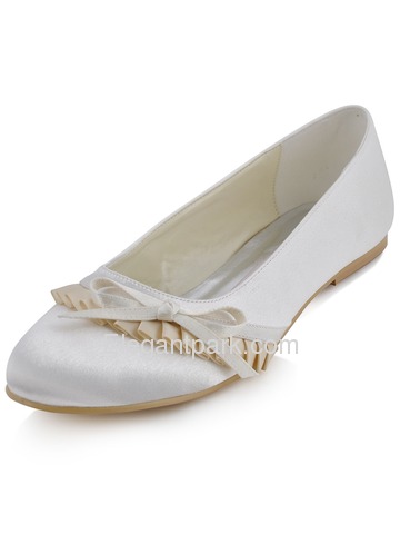 Elegantpark Ivory Comfortable Round Toe Flat Heel Bow Ruffles Satin Wedding Bridal Shoes (EP41057)