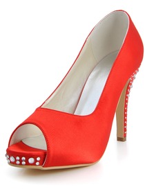 Elegantpark Red Peep Toe Rhinestones Stiletto Heel Platform Satin Wedding Party Shoes