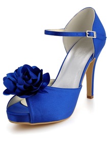 Elegant Blue Peep Toe Stiletto Heel Platform Satin Flowers Wedding Party Shoes