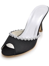 Elegantpark Black Peep Toe Stiletto Heel Satin Rhinestones Slippers