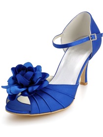 Elegantpark Blue Peep Toes Stiletto Heel Flowers Pleats Evening Wedding Party Shoes