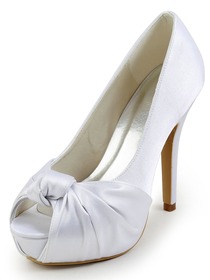Elegantpark White Peep Toe Stiletto Heel Knot Pleats Platforms Satin Wedding Evening Party Shoes