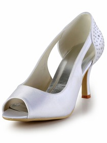 Elegantpark White Peep Toe Pumps Rhinestones Stiletto Heel Satin Wedding Party Shoes