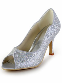 Elegantpark Sexy Silver Peep Toe Sequin Pumps Stiletto Heel Wedding Party Shoes