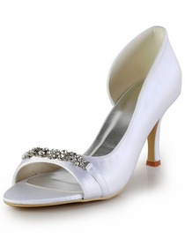 Elegant White Open Toe Rhinestones Stiletto Heel Satin Wedding Party Shoes