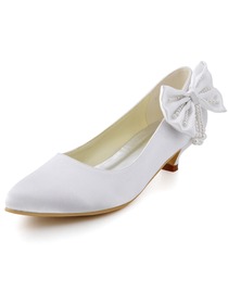Elegantpark White Almond Toe Low Heel Bowknot Pearls Satin Wedding Evening Party Shoes
