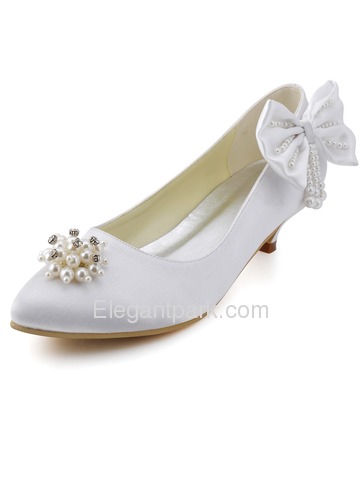 Elegantpark Beautiful White Almond Toe Low Heel Rhinestones Bow Satin Wedding Evening Pumps (EP2085)