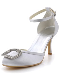 Elegantpark White Almond Toe Rhinestone Buckle Stiletto Heel Satin Wedding Evening Party Shoes