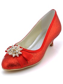 Elegant Red Almond Toe Pearl Bow Low Heel Glitter PU Wedding Party Shoes