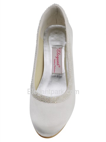 Elegantpark Ivory Almond Toe Chunky Heel Satin Beading Bridal Evening Party Shoes (EL-005CC)