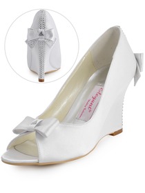 Elegantpark White Peep Toe Bow Rhinestone Satin Wedges Wedding Bridal Shoes