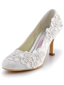 Elegantpark Ivory Almond Toe Lace Stiletto Heel Bridal Wedding Shoes with Flower