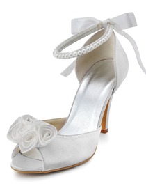 Elegantpark White Peep Toe Rhinestone Flowers Buckle Satin Wedding Evening Party Shoes