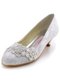 Elegantpark Ivory Closed Toe Appliques Lace Low Heel Wedding Bridal Shoes