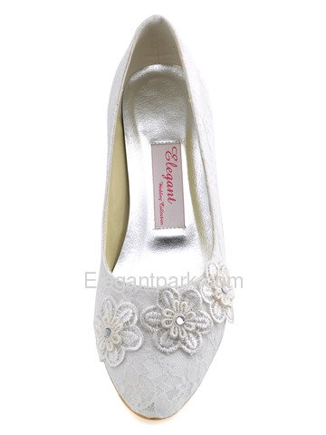 Elegantpark Ivory Closed Toe Appliques Lace Low Heel Wedding Bridal Shoes (A0002)