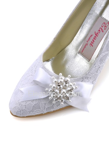 Elegantpark White Almond Toe Lace Pumps Stiletto Heel Pearls Wedding Bridal Shoes (AJ001)