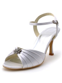 Elegantpark White Open Toe Rhinestones Satin Pleats Bridal Slingbacks Sandals