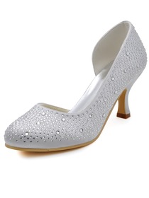 Elegantpark Fashion Women Pumps EP2129 White Round Toe Rhinestone Spool Heel Satin Wedding Shoes