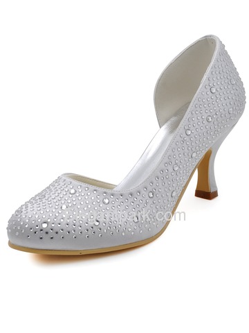 Elegantpark Fashion Women Pumps EP2129 White Round Toe Rhinestone Spool Heel Satin Wedding Shoes (EP2129)
