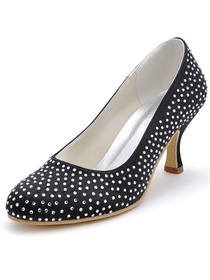 Elegantpark Fashion Woman Pumps Black Round Toe Rhinestone Spool High Heel Satin Prom Shoes