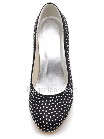 Elegantpark Fashion Woman Pumps Black Round Toe Rhinestone Spool High Heel Satin Prom Shoes (EP11066C)