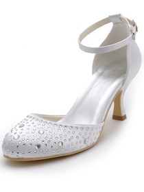 Elegantpark White Almond Toe Rhinestone Ankle Strap Spool Heel Satin Fashion Bridal Shoes