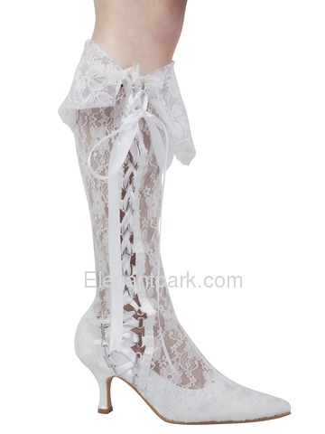 Elegantpark Lace Upper Pointy Toes Stiletto Heel with Ribbon Tie Modern Knee High Wedding Bridal Boots (MB-081)