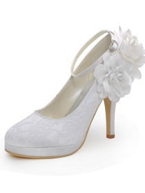 Elegantpark White Almond Toe Platform Side Flower Ankle Strap Stiletto Heel Lace Wedding Shoes