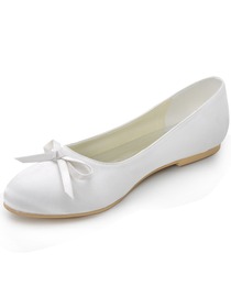 Elegantpark White Round Toe Bow Flat Heel Satin Wedding Shoes