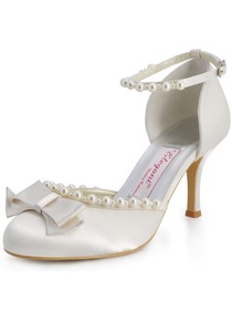Elegantpark Satin Stiletto Heel Almond Toe Imitation Pearl Bridal Party Shoes With Bow